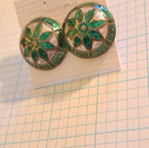 Round Green and Silver Floral Screwback Earrings